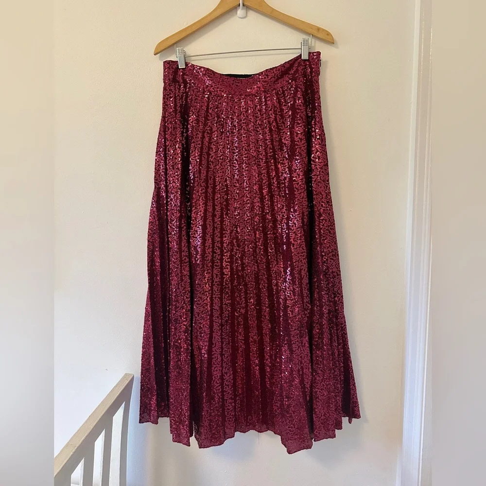 Sezane Dilo Pleated Midi Skirt in Fuschia Sequins - Size 44 - Picture 6 of 12